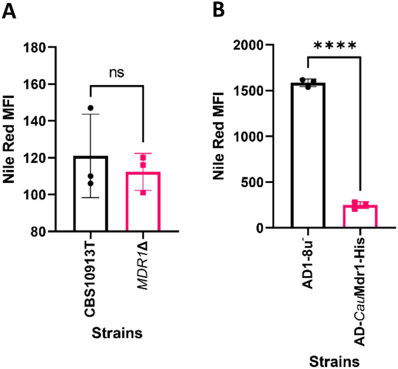 Whole cell-based substrate transport assay using Flow cytometry.Nile red accumulation in the (A) CBS10913T and the MDR1Δ strain (B) AD1-8u- and the AD-CauMdr1 strain as represented by the median fluorescent intensity (MFI). The data are represented as mean ± SD. Statistical analyses were performed using the Unpaired T-test with Welch’s correction. ns represents non-significance whereas **** represents p-value <0.0001.