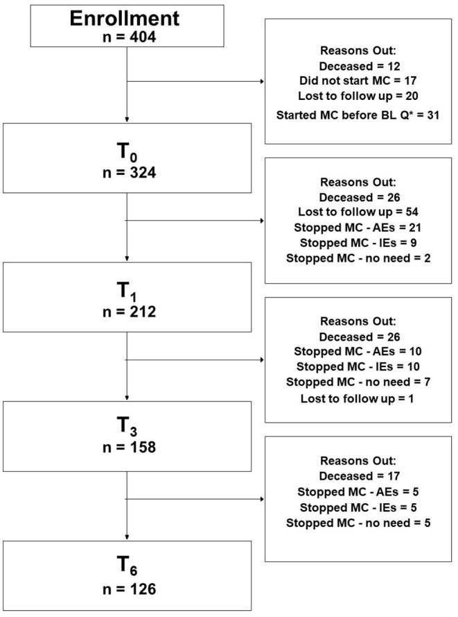 Consort flowchart diagram. MC, medical cannabis; Q*, questionnaire; BL, baseline; AEs, adverse effects; IEs, ineffectiveness; T0, baseline time point (prior to MC treatment initiation); T1, 1-month follow-up; T3, 3-month follow-up; T6, 6-month follow-up; PP analyses refer to patients that answered the study questionnaires at baseline and at all follow-up time points.