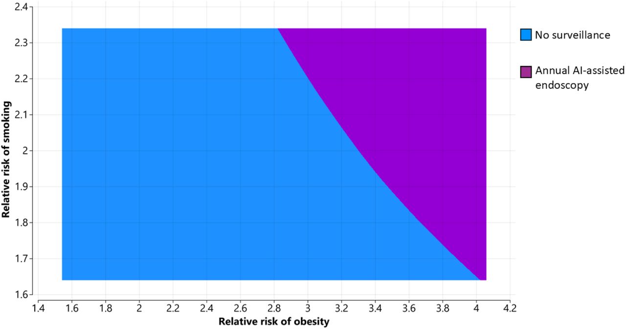 Two-way scenario analysis of smoking and obesity risks in the NDBE cohort. Colors indicate the optimal surveillance strategy for each risk combination: blue = no surveillance; purple = annual AI-assisted endoscopy
