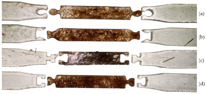 Segmentation of the tensile test specimen. (a) Puzzle, (b) dovetail, (c) T-channel1, (d) T-channel 2.