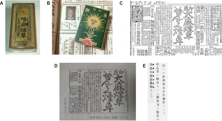 Cannabis cigarette for asthma therapy and its advertisement in Meiji ear of Japan. (A, B) Cannabis cigarette; (C, D) Newspaper advertisement. In C, there is a recommendation of Japanese Army Surgeon translated as “Army Surgeon recommends Cannabis indica”; (E) Magnified image of advertisement. It is translated as “be used as paper-rolled cigarette and aroma therapy in case of asthma and other respiratory diseases. Also Known as Cannabis indica extract in the Japanese Pharmacopoeia” [51].
