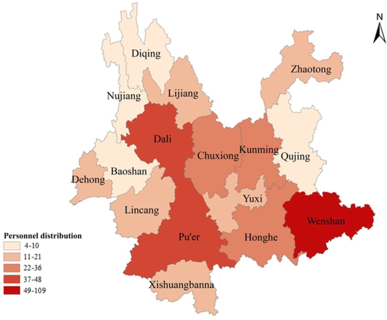 Distribution of leprosy prevention and control personnel inYunnan Province