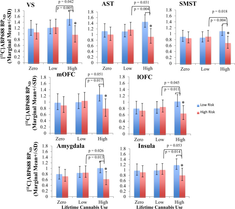 Lower [11C]ABP688 BPND in high EXT risk, high cannabis users: ROI analysis.[11C]ABP688 BPND values in cortical and subcortical limbic regions in high and low EXT risk individuals with zero (low EXT risk n = 12; high EXT risk n = 6), low (low EXT risk n = 17; high EXT risk n = 13) and high (low EXT risk n = 2; high EXT risk n = 9) frequencies of lifetime cannabis use occasions. Mean values are adjusted for sex, isomer ratio, AUDIT scores, tobacco smoking status and drug use other than cannabis. VS ventral striatum, AST associative striatum, SMST somatosensory striatum, mOFC medial orbitofrontal cortex, lOFC lateral orbitofrontal cortex. *significantly different from all low EXT risk groups, p < 0.05.