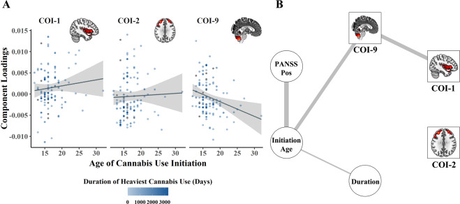Association between components of interest (COIs), cannabis, and clinical measures.Age of cannabis use initiation, duration of heaviest use and components (A). Network of identified components, cannabis measures and PANSS positive scale (B). Edges represent partial correlations between the nodes. Each edge is corrected for all other edges in the network and the scaling of edges in width and color saturation were adjusted by setting the cut-argument in qgraph to 0.2 [35]. All correlations in the network are negative.