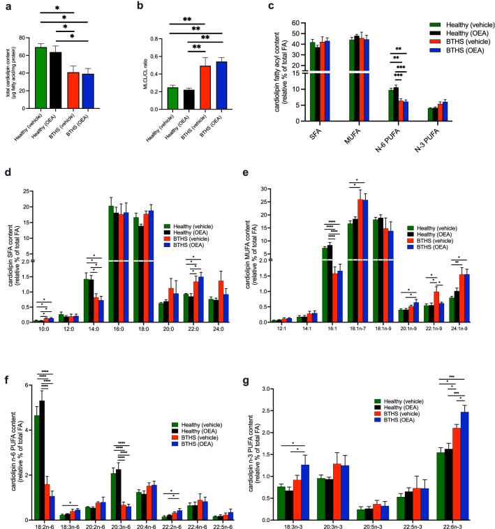 OEA does not restore total cardiolipin content or MLCL:cardiolipin ratio in BTHS lymphoblasts. Total cardiolipin content (a), MLCL:cardiolipin ratio (b), cardiolipin fatty acyl (FA) content by major categories (c), and cardiolipin relative contents of saturated (SFA) (d), monounsaturated (MUFA) (e), n-3 polyunsaturated (N-3 PUFA) (f) and n-6 polyunsaturated (N-6 PUFA) (g) fatty acyl species. Data are means ± S.E.M; n = 5. *P < 0.05, **P < 0.01, ***P < 0.001, ****P < 0.0001.