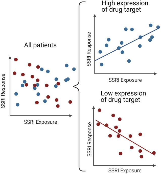 Pharmacodynamic confounding of the SSRI exposure-response relationship. In a combined sample of SSRI treated patients (left), there does not appear to be a relationship between SSRI response and exposure. However, when patients are examined separately, based on a pharmacogenetic variant that impacts pharmacodynamics (e.g., SLC6A4), some patients have a positive relationship between response and SSRI exposure whereas other patients—such as those with low expression of the drug target—have a negative correlation between response and SSRI exposure, as per the example in the text of paroxetine and SLC6A4.