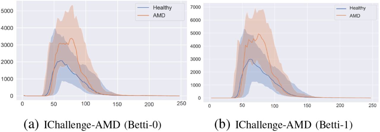 Median curves and 40% confidence bands of our topological feature vectors for AMD. x-axis represents color values and β0(t) and β1(t) represent the count of components and count of loops in 𝒱t, respectively.