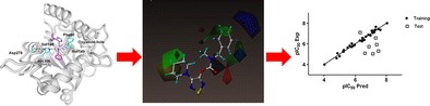 Left–right: Docking pose of 1 in the binding pocket of α/β hydrolase domain containing 6 (ABHD6) selected for molecular alignment; CoMFA steric and electrostatic contour fields; changes in potential energy of the complex during simulations for the complex of 6 and ABHD6