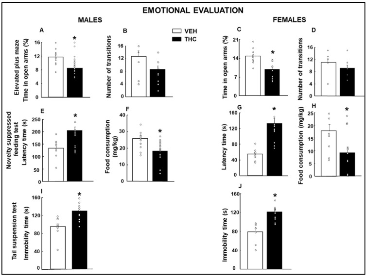 Emotional changes in male and female mice exposed to dronabinol (THC) or its vehicle (VEH) during gestation and lactation. The emotional state was measured from PND 28 and the following weeks until PND60. The elevated plus maze test was used to analyze anxiety-like behaviors by the (time in the open arms: (A,C), number of transitions: (B,D), and the novelty-suppressed feeding test (latency time: (E,G)) tests. Depressive-like behaviors were evaluated by the novelty-suppressed feeding (food consumption: (F,H)) and tail suspension (immobility time: (I,J)) tests. * p < 0.05, THC- vs. VEH-treated group.