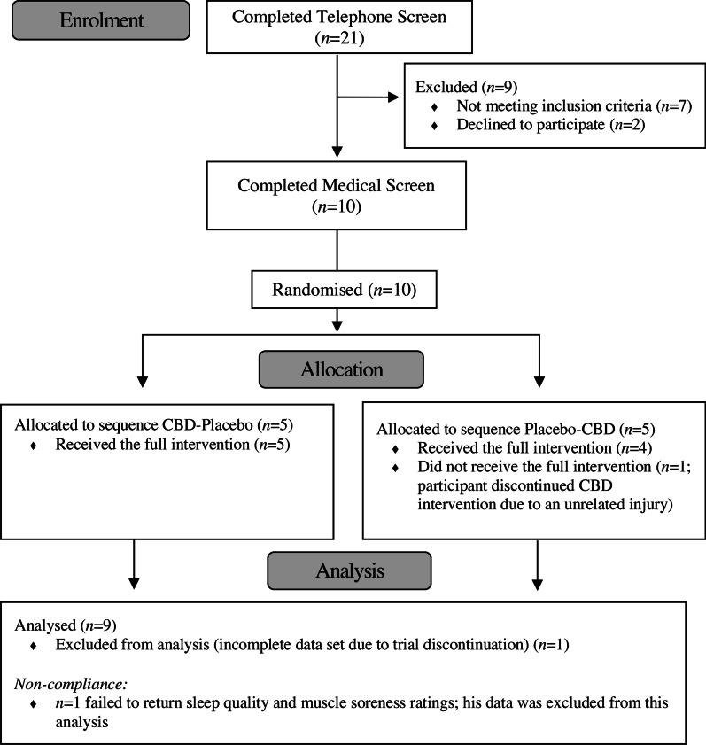 Consolidated Standards of Reporting Trials (CONSORT) diagram. Recruitment was completed when the target sample size of n = 10 participants had been randomised