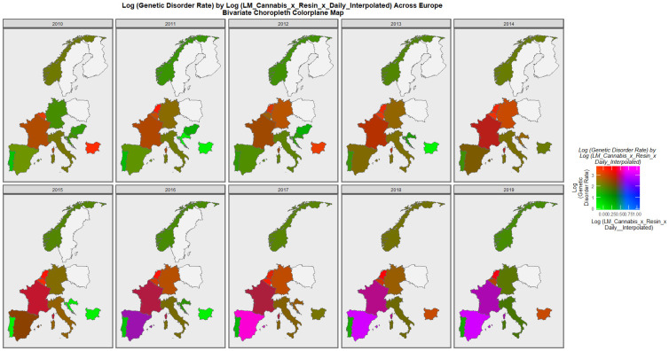 Bivariate choropleth sequential map-graph of log (genetic disorder rates) by last month cannabis use: cannabis resin THC concentration: daily cannabis use interpolated over time in selected European nations 2010–2019.