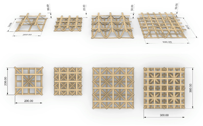 3D lattice layout studies (dimensions in mm).