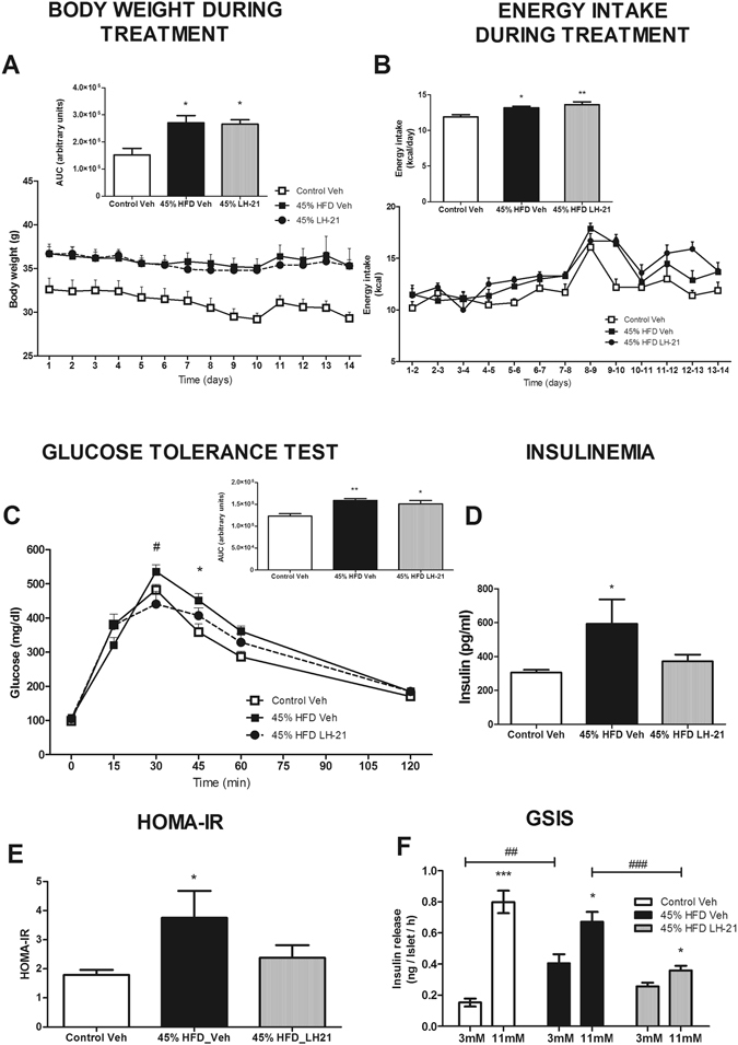 Metabolic characterization of obese pre-diabetic LH-21-treated mice. (A) Body weight changes during the two weeks of treatment with 3 mg/Kg LH-21. Body weight was not affected by the treatment and both vehicle- and LH-21-injected mice remained obese when compared to the control group. (B) Food intake was monitored daily, the line and the bar graphs represent the mean daily intake and the mean total intake of energy (Kcal), respectively, during the two week period. No changes in caloric intake was detected between vehicle- and LH-21-injected mice, both groups displaying a higher caloric intake than the control group. (C) Glucose tolerance was assessed by an i.p. GTT in fasted mice injected with 2 g/Kg glucose. AUC analysis for the entire time frame revealed glucose intolerance in both vehicle- and LH-21- injected mice, though lower plasma glucose levels were found in LH-21-injected mice at time point 30 minutes after glucose challenge (Student’s t test). (D) Insulin plasma levels in fasted mice as assessed by ELISA. 45% HFD-vehicle mice had higher insulinemia but not those treated with LH-21. (E) HOMA-IR was used as a subrrogate measure of insulin resistance (HOMA-IR = insulin (mU/l) × glucose (mmol/l)/22.5). 45% HFD-vehicle mice had higher HOMA-IR but not those treated with LH-21. (F) Glucose-stimulated insulin secretion from islets isolated from obese pre-diabetic mice injected with vehicle or LH-21. Islets isolated from LH-21-treated mice secreted less insulin than those injected with vehicle with this difference being particularly marked in the high glucose condition. (A–E) n = 8–10 mice each group. One-way ANOVA and Bonferroni’s post-test, *p < 0.05, **p < 0.01 versus control; #p < 0.05 versus 45% HFD-Vehicle. (F) Islets from two different mice from each group, two independent experiments, n = 6 experimental wells for each condition, two-way ANOVA with Bonferroni’s post-test; *p < 0.05 versus 3 mM Glc, ##p < 0.01 and ###p < 0.001.
