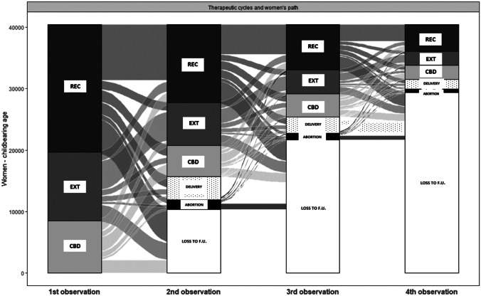 Pathway analysis: treatment patterns and transition between treatments and pregnancy (abortion and pregnancy)