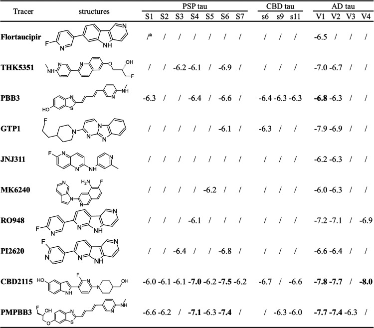 Docking Scores of 10 Selected Tracers on Different Surface Sites of PSP, CBD, and AD tau Protofibrils