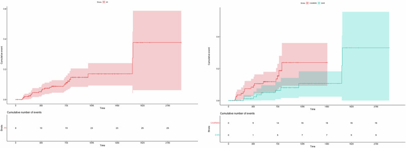 Kaplan-Meier survival curve and Greenwood 95% confidence intervals showing cumulative probability of developing a psychotic disorder in the entire CHR group (left) and stratified by source of follow-up: psychometric assessment with the CAARMS or electronic health records (EHR) (right).