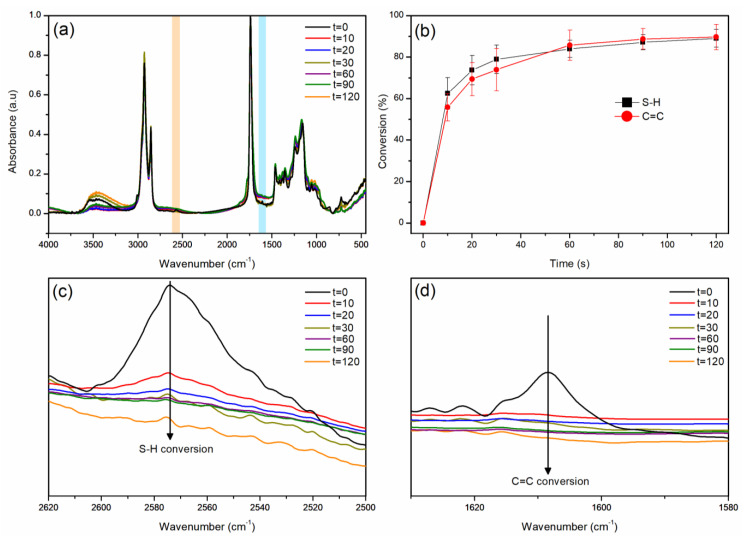 (a) FTIR spectra for CO3SH-P at different times highlighting the S-H band (orange area) and C=C band (blue area), (b) conversion by S-H and C=C functional groups, (c) amplified S-H band at different times, and (d) amplified C=C band at different times.