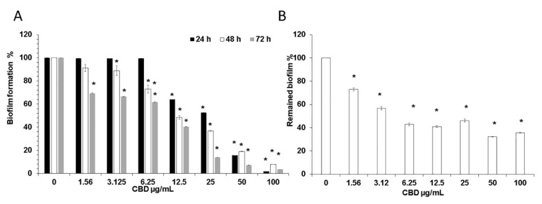(A) Effect of CBD on C. albicans biofilm formation. C. albicans yeast cells were incubated with various concentrations of CBD for 24, 48, and 72 h at 37 °C; (B) Effect of CBD on preformed biofilms. Biofilms of C. albicans which were 24 h-old were exposed for 24 h to various concentrations of CBD and the metabolic activity of biofilm cells was measured using the MTT assay. The values of the untreated control were set to 100%. * Significantly lower than the untreated control (p < 0.05).