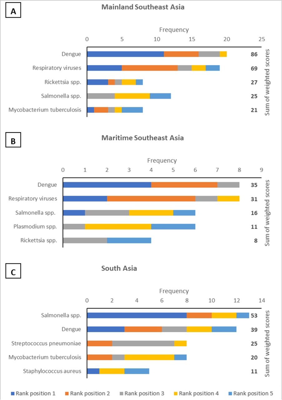 The top five commonest aetiologies of acute fever, in descending order of perceived annual incidence based on sum of weighted scores, in the following regions: (A) Mainland Southeast Asia (B) Maritime Southeast Asia (C) South Asia. An analyte in rank position 1 was weighted five times more than an analyte in rank position 5; the maximum sum of weighted scores per aetiology was 115 for Mainland Southeast Asia, 40 for Maritime Southeast Asia, and 65 for South Asia.