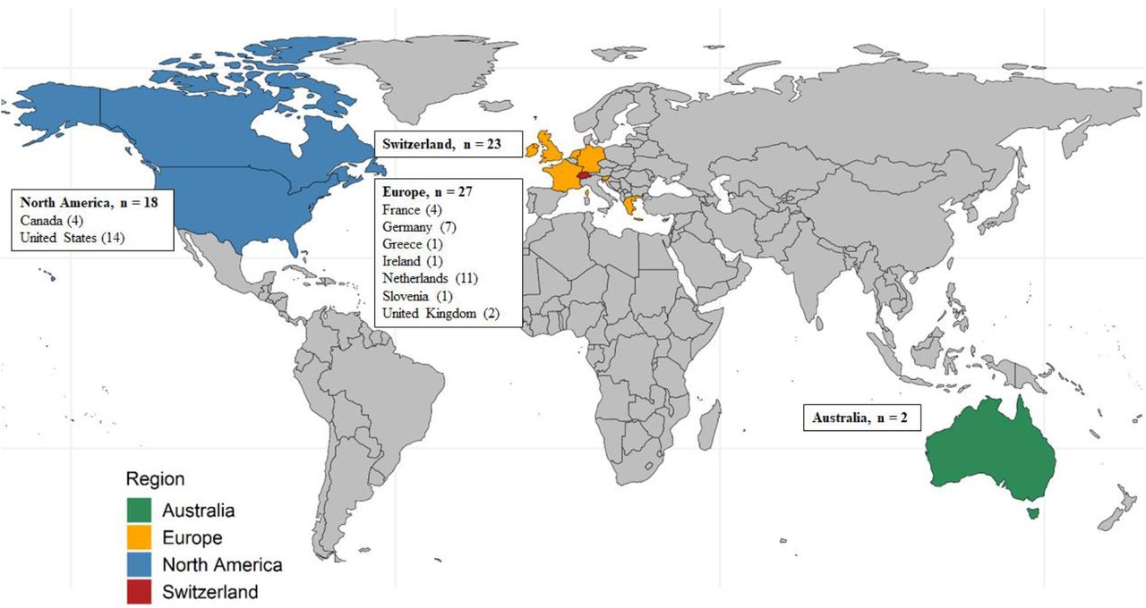 Map showing the country of residence of the participating physicians by region.
