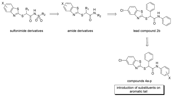 Cytotoxic 2-mercaptobenzothiazole derivatives containing sulfonimide or amide groups, and novel derivatives 4a–p synthesized in this study.