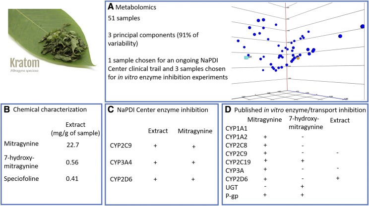 Overview of reported NPDI data for kratom from both NaPDI Center studies and peer-reviewed publications. The results shown in boxes “b” and “c” are for the product chosen from the metabolomics study (light blue highlight in box “a”).