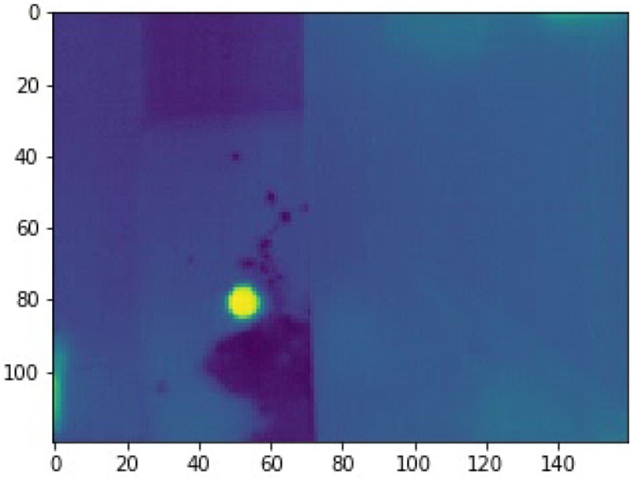 Illustration of the water calibration experiment. The bright spot in the lower left quadrant of the FLIR output represents the water heated to varying known temperatures.