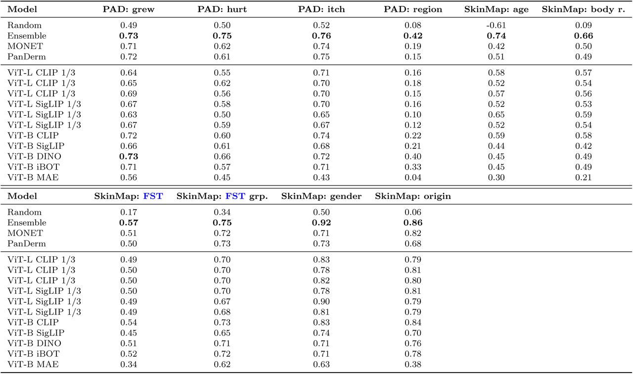 Comparative performance benchmarking of the SkinMap ensemble and foundation models (continued).Detailed performance for attribute prediction across internal validation and external hold-out datasets (DDI and PAD-UFES-20). Metrics include macro-F1 scores for classification tasks and R2 scores for regression-based attributes.