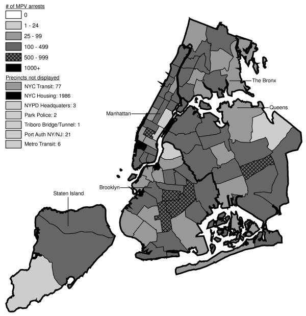 Marijuana in Public View Arrests by NYPD Precinct in 1997 (n = 17,794).