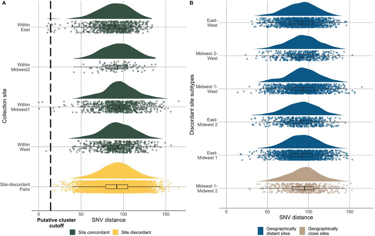Distribution of pairwise single nucleotide variant (SNV) differences between H30 clinical isolates from four children’s hospitals in the U.S. A) Within single collection sites compared to between discordant collection sites. Dashed line indicates selected threshold for identifying putative transmission clusters; and B) Between geographically distant discordant collection sites vs. between geographically close discordant collection sites.