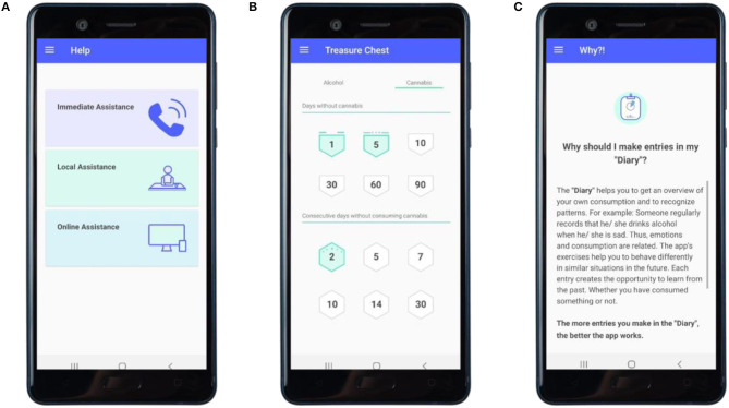 Further modules. (A) Overview of referral pathways offered in the app. (B) Overview of badges acquired. (C) Example of explanatory content on the intervention exercises.
