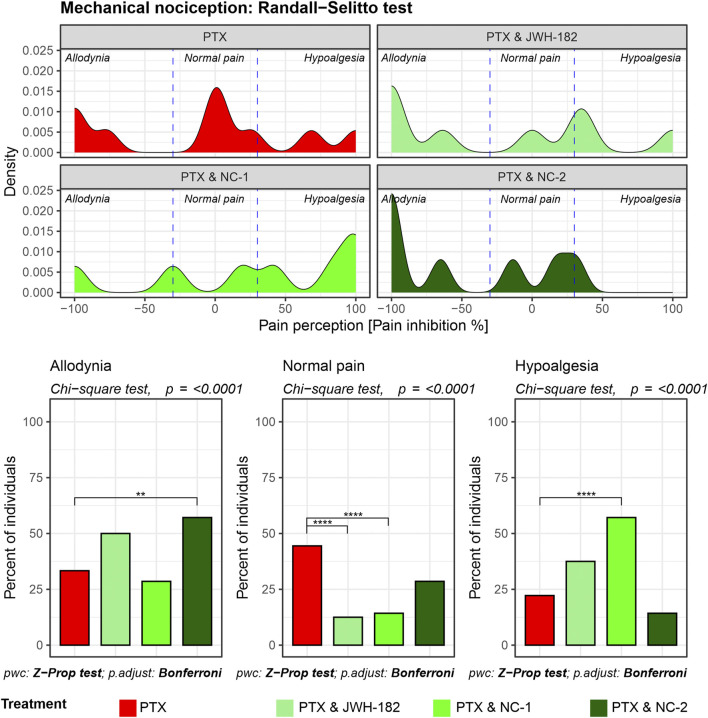 Density plots and bar charts display the results of the Randall–Selitto test for mechanical nociception across four treatments: PTX, PTX & JWH-182, PTX & NC-1, and PTX & NC-2. The top density plots show variations in pain perception: allodynia, normal pain, and hypoalgesia. The bottom bar charts compare the percentage of individuals experiencing each type of pain under different treatments. Chi-square tests show statistical significance (p < 0.0001) for pain perception across treatments. The bars are color-coded: red for PTX, light green for PTX & JWH-182, bright green for PTX & NC-1, and dark green for PTX & NC-2.