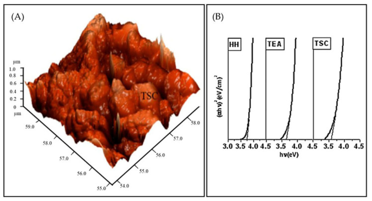 (A) 3D AFM measurement with scanning area 5 m × 5 m for ZnS film with TSC complexing agent. (B) αhv2 versus hv graph for ZnS films with different complexing agents. Reproduced with permission from Optik 2014, 125, 5727–5732. Copyright © 2014, Elsevier [115].