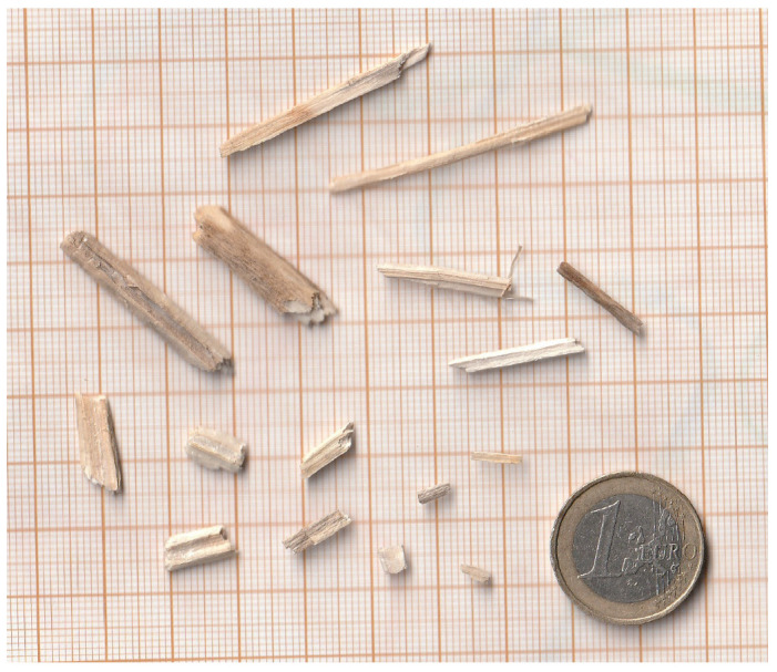 Irregularity of the shape of hemp shives used in the study.