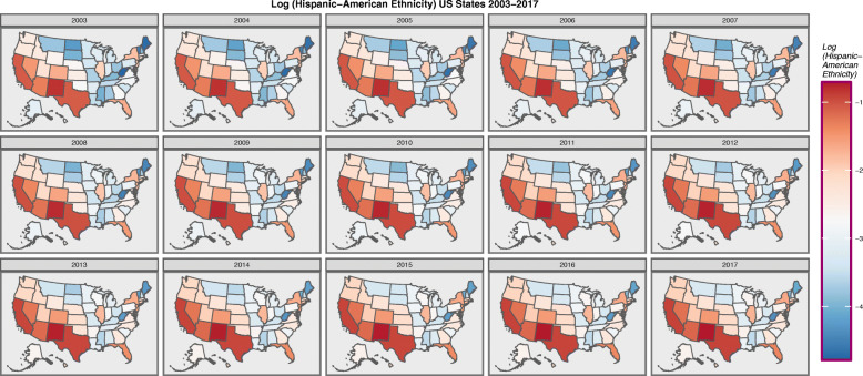 Choropleth map of log(Asian-Pacific Islander-American Population) across USA by Year. Maps were drawn in ggplot2, sf and RColorBrewer