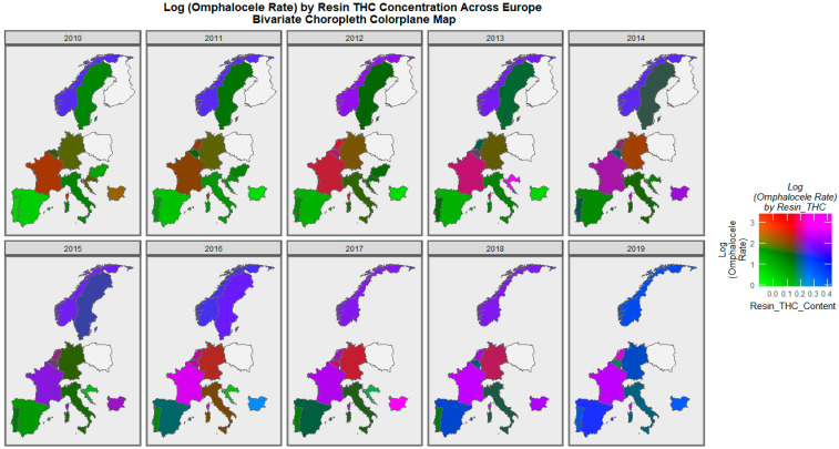 Bivariate colorplaner sequential map-graph of omphalocele by cannabis resin THC concentration across selected European nations for each year of 2010–2019.