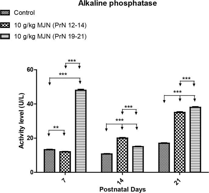 The effect of prenatal exposure to MJN (10 g/kg) smoke on the activity of ALP in the SC of developing Wistar ratsValues are expressed as Mean±SEM. ** P<0.01, *** P<0.001, repeated-measures ANOVA followed by Bonferroni post-test.