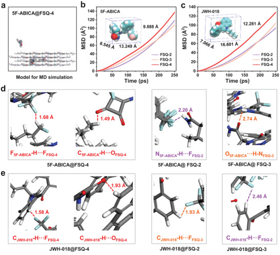 a) Model of 5F‐ABICA@FSQ‐4 for MD simulation. MSD plots of b) 5F‐ABICA and c) JWH‐018 in FSQ‐2, FSQ‐3, and FSQ‐4, respectively. Molecular dimensions (insert) of b) 5F‐ABICA and c) JWH‐018. d,e) Representative snapshots containing the distribution.